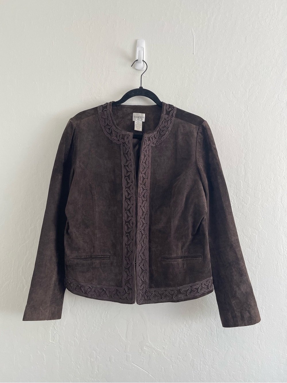 Chicos Brown Genuine Leather Suede Western Hook Closure Jacket Womens Size Large